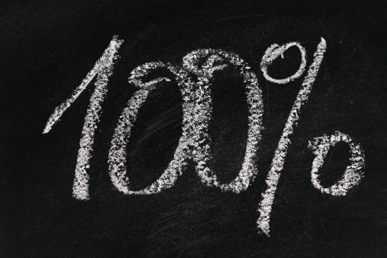 a chalk drawing of a 100 percent sign on a blackboard, by Mór Adler, trending on pixabay, graffiti, middle close up shot, mom, drops, detailed string text