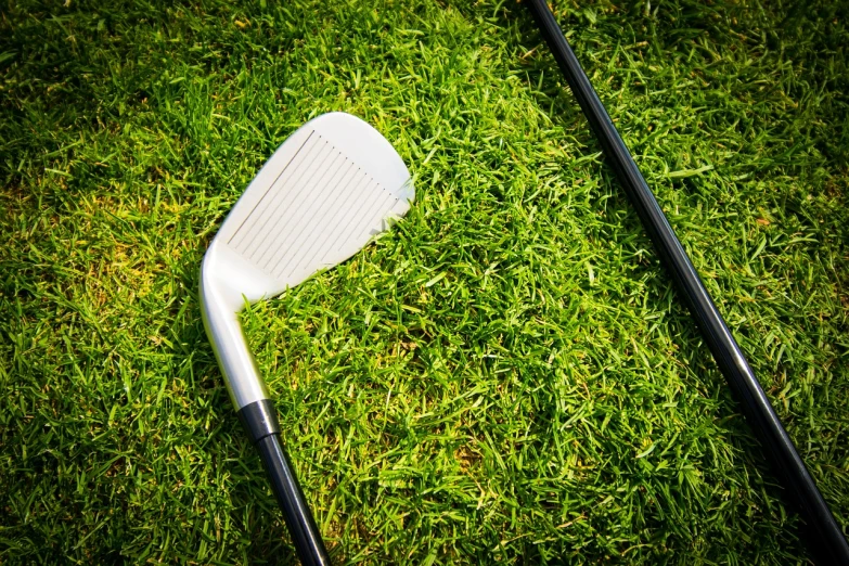 a golf club sitting on top of a lush green field, by Jakob Gauermann, shutterstock, grass texture, modern very sharp photo, stock photo