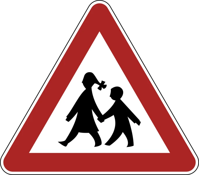a red and white sign with a picture of a man and a woman holding hands, digital art, by Harry Beckhoff, pixabay, antipodeans, wearing a stop sign on its head, kids playing, brains, intercrossed animal