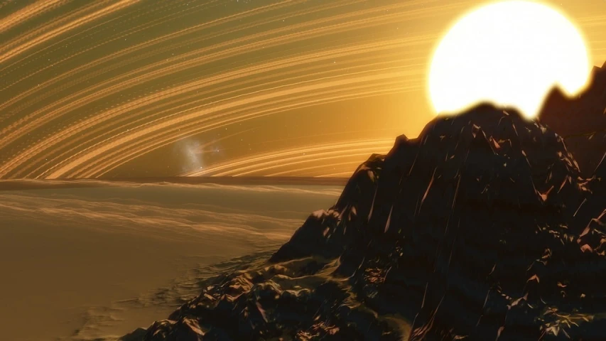 a close up of a mountain with a sun in the background, a screenshot, by Thomas Häfner, space art, planet with rings, submerged on titan, tracingstar trails, 8k octae render photo