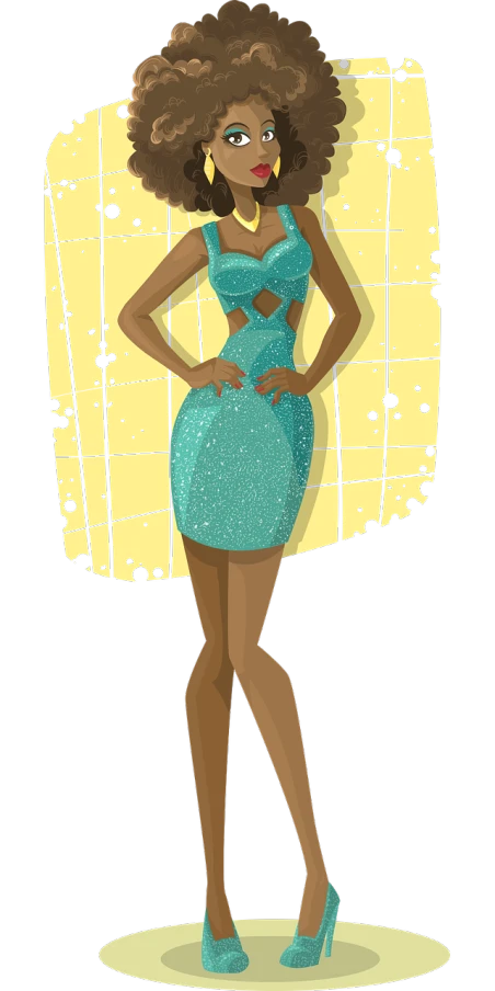 a woman in a blue dress standing with her hands on her hips, inspired by Tina Blondell, deviantart contest winner, pop art, young black woman, sparkly, shaded animation cel, nicki minaj