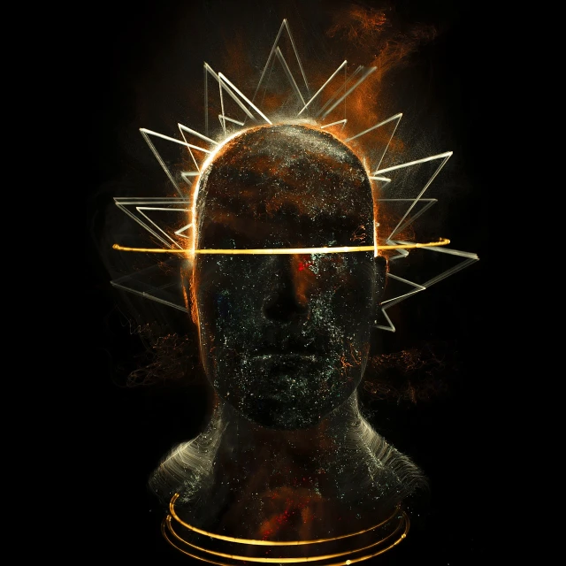 a close up of a person's head with spiky hair, inspired by Mike Winkelmann, digital art, luminous fire halo, 3 d render of a shaman, cosmic energy wires, sacred geometry melting