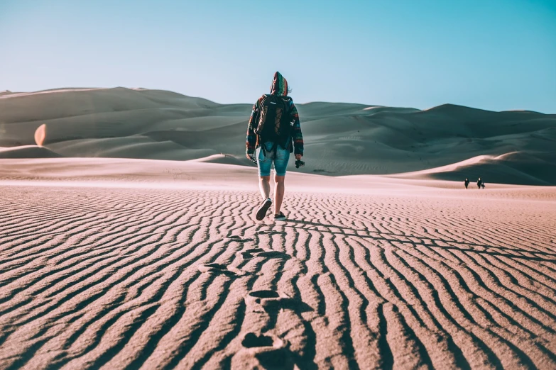 a person standing in the middle of a desert, a stock photo, by Andries Stock, shutterstock, walking away from the camera, wearing adventure gear, intimidating floating sand, telephoto vacation picture