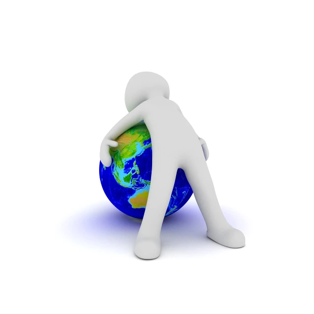 a person sitting on top of a blue and green globe, a picture, by Kurt Roesch, trending on pixabay, plasticien, hugging his knees, isolated white background, character is standing, portlet photo