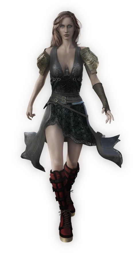 a digital painting of a woman in a dress and boots, a raytraced image, inspired by Andor Basch, sōsaku hanga, from final fantasy xiii, resine figure, ((mist)), not cropped