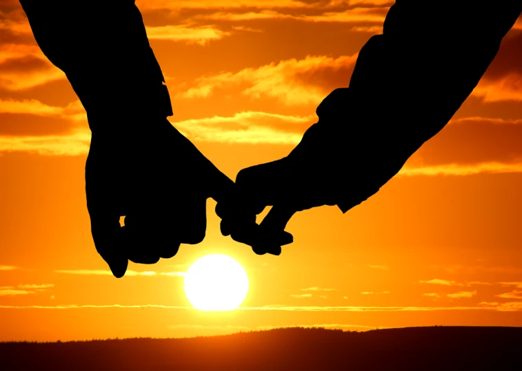 two people holding hands in front of a sunset, romanticism, repairing the other one, very accurate photo