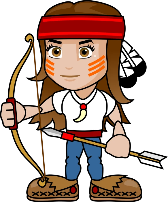 a cartoon native american girl holding a bow and arrow, pixabay contest winner, sots art, ( pirate with a bandanna ), looks like britney spears, maple story indiana jones, warrior face painting red