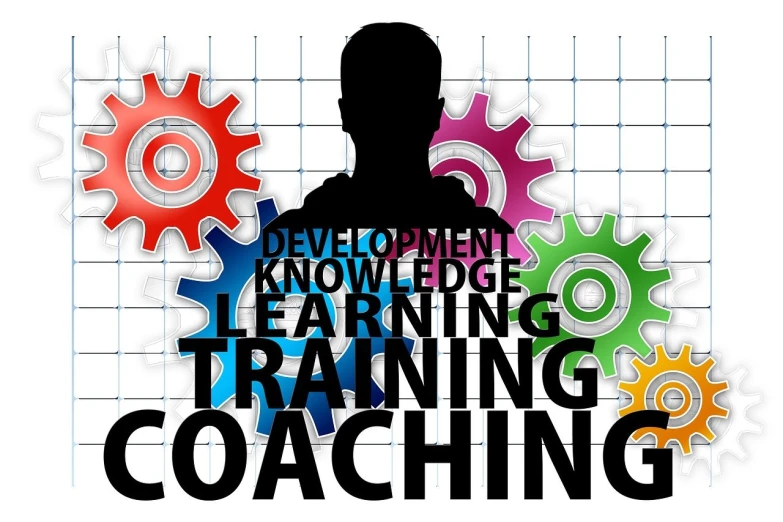 a silhouette of a man with gears in the background, pixabay, teaching, train, saying, training