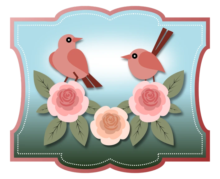 a couple of birds sitting on top of flowers, a digital rendering, folk art, rosette, card frame, reddish, rose
