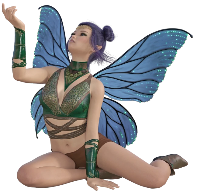 a woman dressed as a fairy sitting on the ground, a raytraced image, inspired by Anne Stokes, zbrush central contest winner, insectile forearms folded, high quality fantasy stock photo, render of mirabel madrigal, butterfly wings