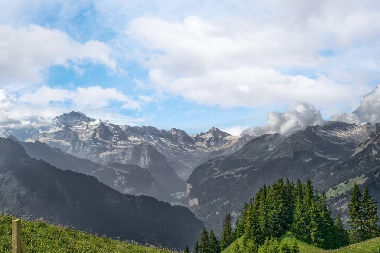 a herd of cattle standing on top of a lush green hillside, a picture, by Otto Meyer-Amden, pexels, figuration libre, glaciers and ice and snow, big clouds visible, lauterbrunnen valley, 4 k cinematic panoramic view