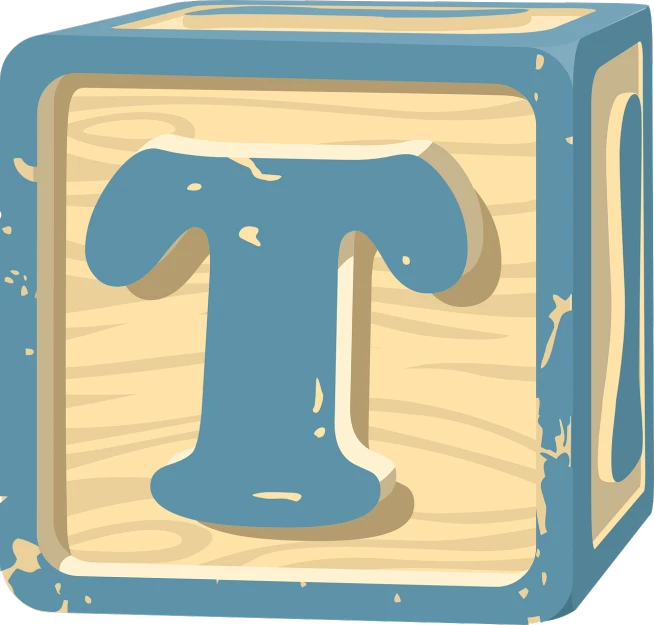 a wooden block with a blue t on it, by Tom Carapic, pixabay, letterism, !!! very coherent!!! vector art, toddler, navel, tiffany