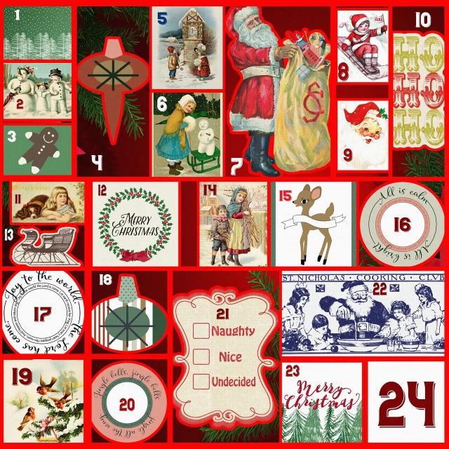 a collage of christmas images on a red background, naive art, countdown, part leyendecker style, clipart, a24