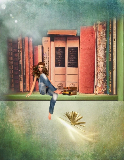 a woman sitting on a ledge in front of a bookshelf, inspired by Alison Kinnaird, digital art, texturized, leaping, papers and tomes, dlsr photo
