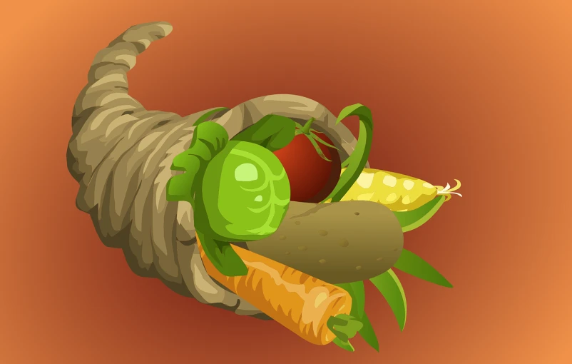 a cornucon filled with vegetables sitting on top of a table, an illustration of, inspired by Arcimboldo, trending on polycount, conceptual art, sandworm, closeup of arms, cartoon style illustration, large horned tail