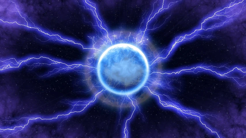 a blue ball with lightning coming out of it, digital art, neutron star, energy shield, detailed lighting and thunder, white glowing aura