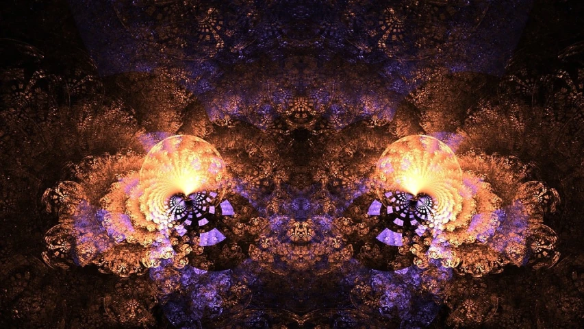 a couple of candles sitting on top of a table, digital art, inspired by Benoit B. Mandelbrot, flickr, digital art, orange purple and gold ”, candlelit catacombs, in a fractal forest, symmetry!! portrait of hades