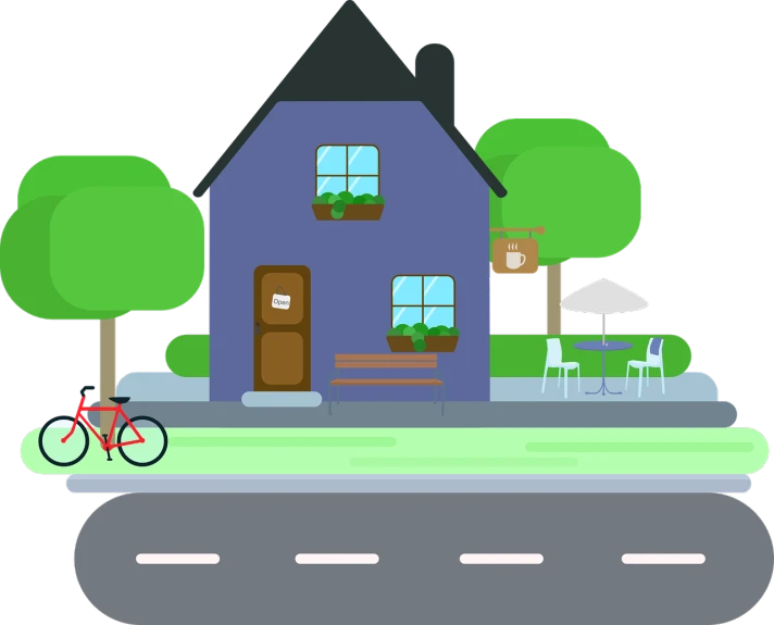 a house with a bicycle parked in front of it, a digital rendering, pixabay, stop frame animation, dark flat color background, garden road, restaurant in background