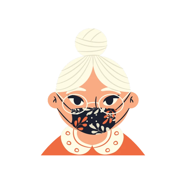 a close up of a person wearing a face mask, a character portrait, inspired by Ivan Generalić, cute illustration, grandma, flora borsi, on a flat color black background