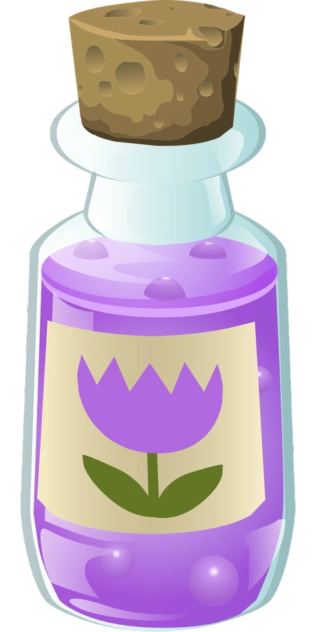 a bottle with a flower inside of it, digital art, pixabay, purple skin color, tulip, potions, flat color