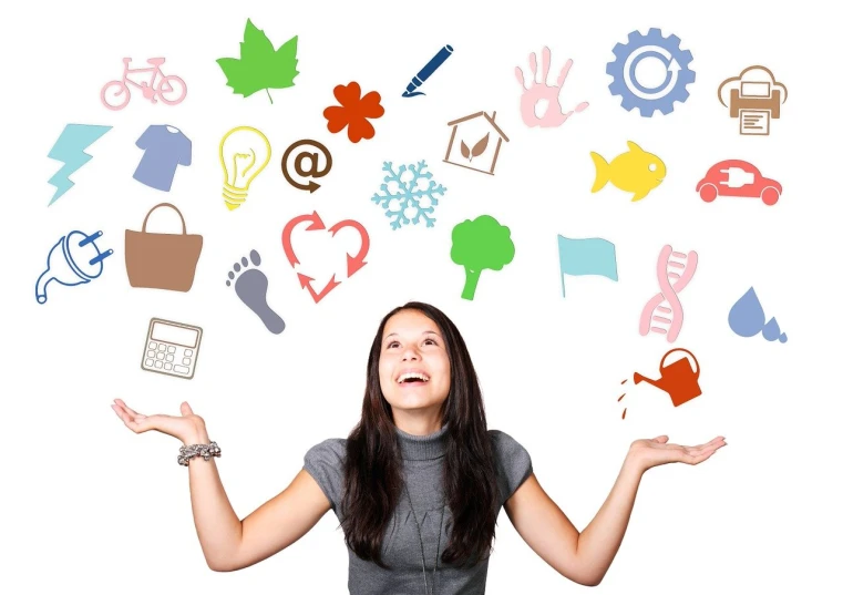 a woman that is standing up with her hands in the air, trending on pixabay, conceptual art, with a bunch of stuff, on a white background, floating symbols, ebay photo