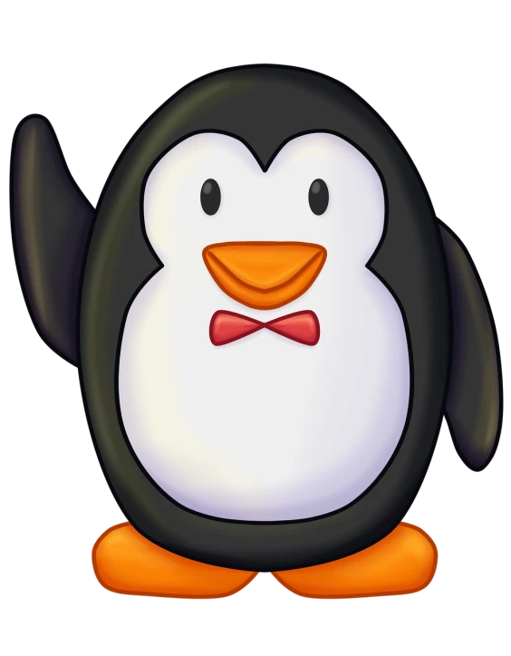 a close up of a penguin wearing a bow tie, a digital rendering, mingei, black!!!!! background, linux, poyo, children's