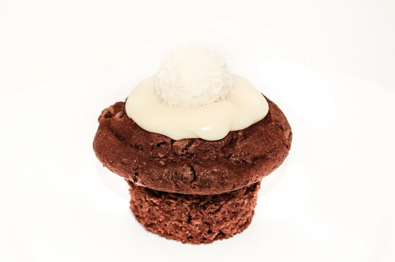 a chocolate cupcake sitting on top of a white plate, renaissance, coconuts, detailed product photo, high detail product photo, cookies