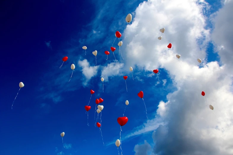 a bunch of red and white balloons flying in the sky, a picture, by Marie Bashkirtseff, flickr, romanticism, love is infinity, flying toasters in heaven, (heart), sky blue and white color scheme