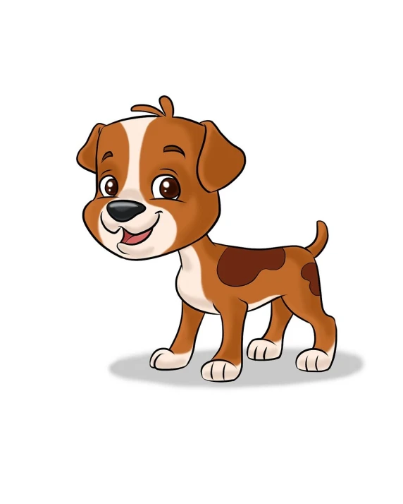 a brown and white dog standing in front of a white background, an illustration of, cute cartoon character, puppies, very detailed illustration, full color illustration