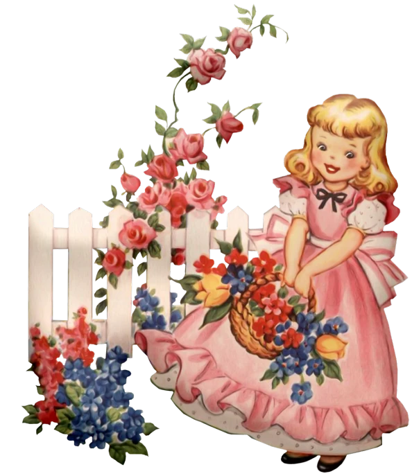 a little girl in a pink dress holding a basket of flowers, a digital rendering, inspired by Margaret Brundage, tumblr, white picket fence, 1957, gif, screen cap