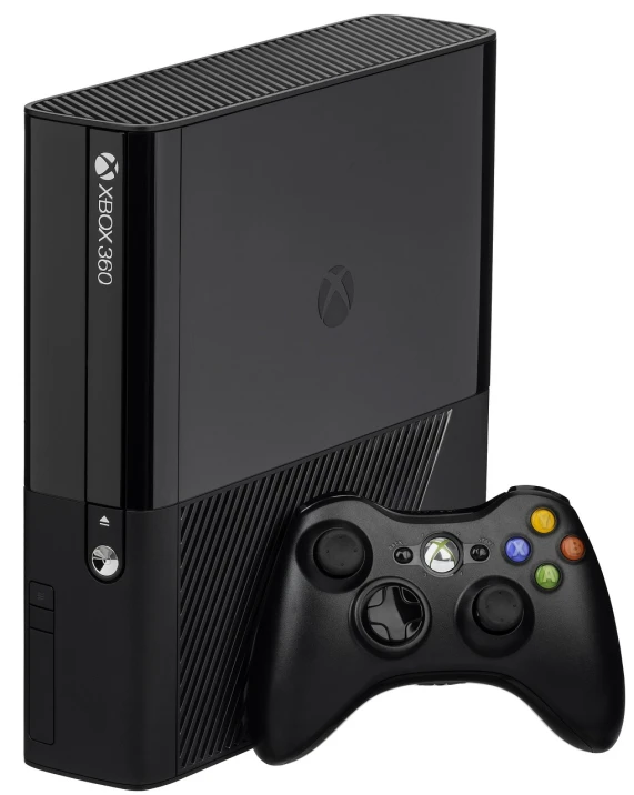 a video game console with a controller next to it, xbox 3 6 0, black main color, medium wide front shot, high detail product photo