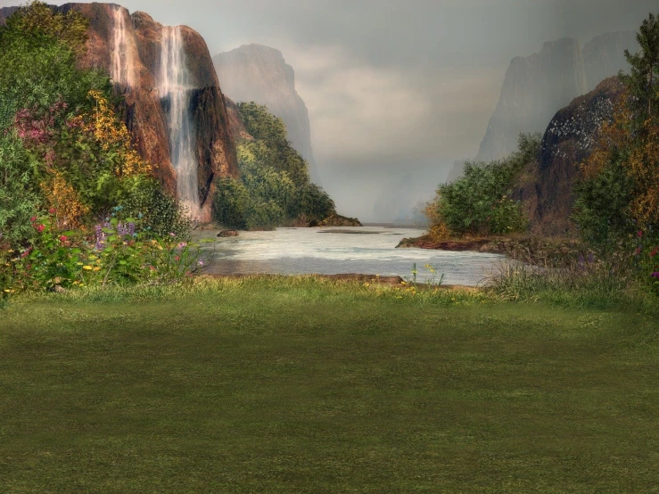 a man holding a frisbee on top of a lush green field, a matte painting, inspired by Henri Biva, pixabay contest winner, realism, waterfall walls, vertical wallpaper, wallpaper - 1 0 2 4, river flowing through a wall