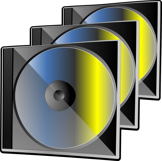 three cds stacked on top of each other, a computer rendering, computer art, beautiful black blue yellow, clip art, jewel case, imdb