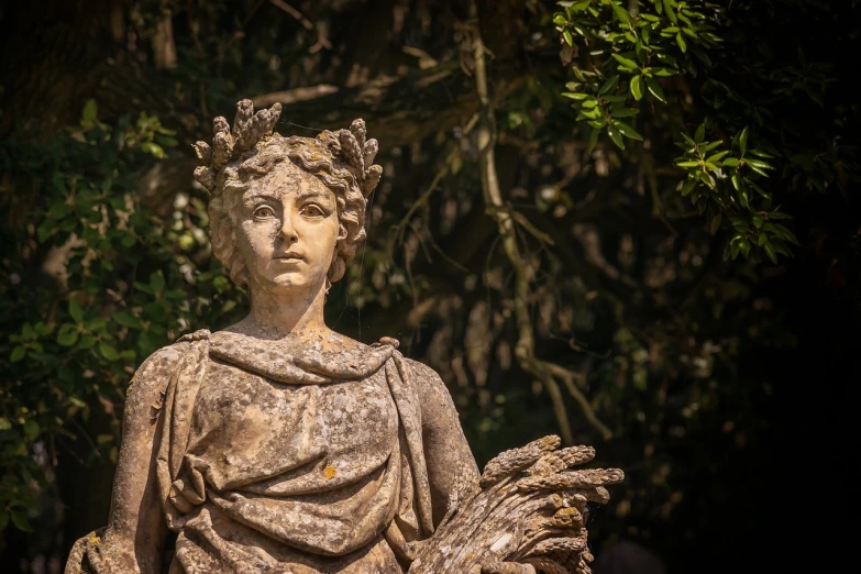 a statue of a woman with a bird in her hand, a statue, by Edward Corbett, shutterstock, dressed in laurel wreath, extremely detailed goddess shot, old roman style, al fresco