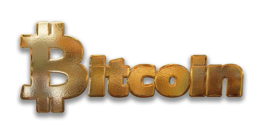 a gold bitcoin logo on a white background, a digital rendering, trending on pixabay, graffiti, _3d-terms_, word, sit - com, sicko