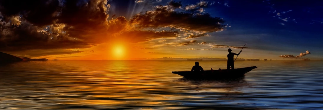 a couple of people that are on a boat in the water, a picture, pixabay contest winner, romanticism, toward the sun rays and caustics, paddle of water, small boat in foreground, floating alone