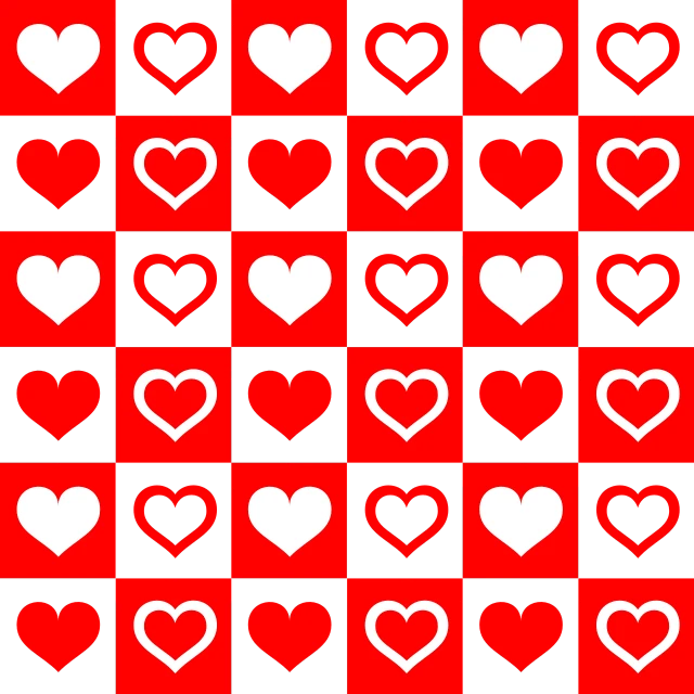 a pattern of red and white hearts on a black background, a picture, checkerboard background, wallpaper!, please, peace
