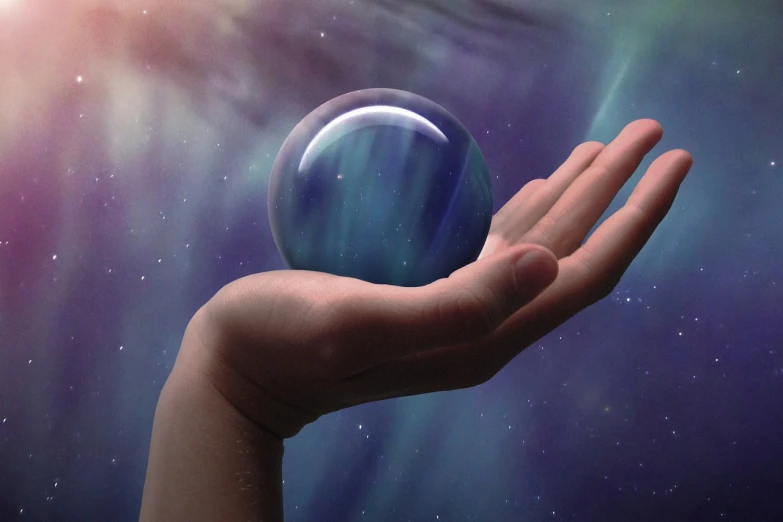 a person holding a crystal ball in their hand, digital art, by Dan Christensen, pixabay, magical realism, banner, realistic textured magnetosphere, rendered in cinema 4 d, water bubble