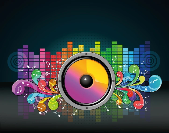 a speaker with colorful music notes coming out of it, shutterstock, funk art, created in adobe illustrator, night life, rainbow background, nighttime!