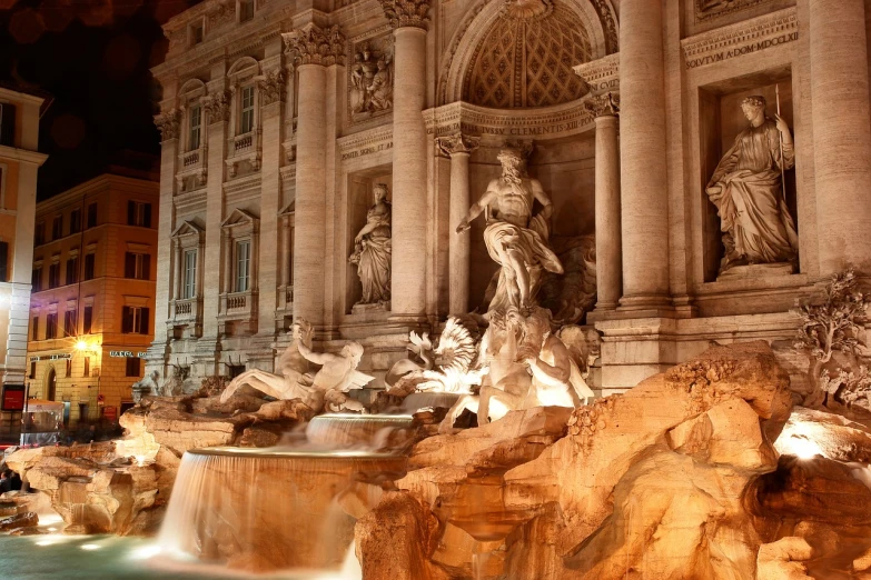 a fountain in the middle of a city at night, by Gian Lorenzo Bernini, neoclassicism, ancient ruins and waterfalls, full length photo, istock, venus