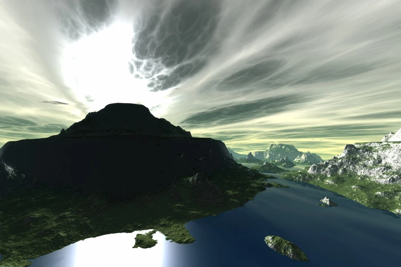 a computer generated image of a mountain and a body of water, inspired by Patrick Nasmyth, surrealism, toxic clouds, high definition screenshot, distant mountains lights photo, crater