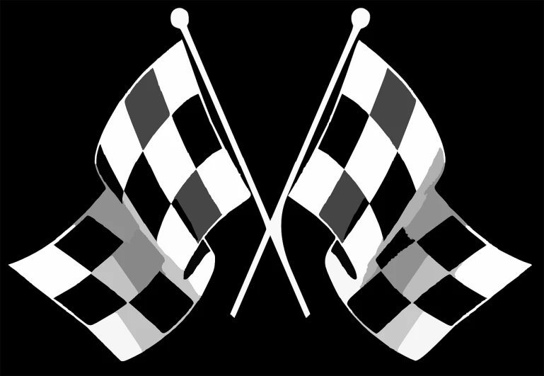 two checkered flags waving in the wind, a screenshot, pixabay, op art, racecar, black and white background, victory lap, screencapture