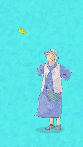 a drawing of a woman standing in front of a yellow leaf, a pointillism painting, dribble, naive art, relaxed. blue background, japanesse farmer, coin, [ digital art ]!!