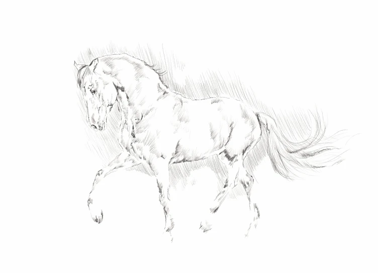 a black and white drawing of a horse, a pencil sketch, inspired by Wenzel Lorenz Reiner, dribble, while it's raining, luxury fashion illustration, white backround, whole page illustration