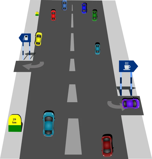 a street filled with lots of different colored cars, an illustration of, advanced highway, meeting point, high definition screenshot, traffic signs