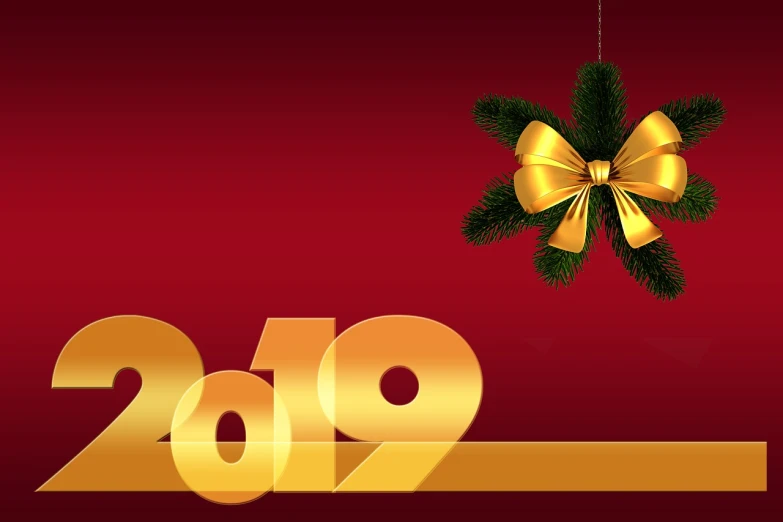 a christmas tree with a gold bow hanging from it, a photo, pixabay, art deco, golden number, pc wallpaper, red background photorealistic, 2019 trending photo