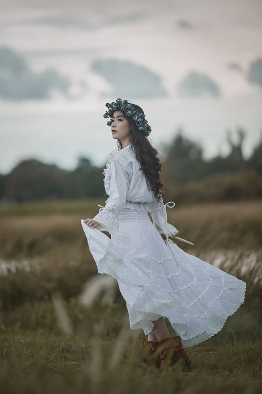 a woman in a white dress standing in a field, a portrait, inspired by Viktor Vasnetsov, unsplash, neo-romanticism, victorian gothic lolita fashion, late summer evening, float, floral headdress