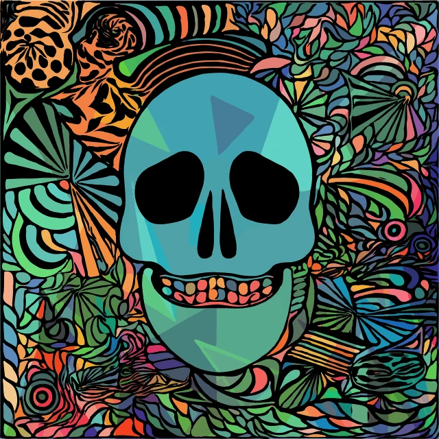 a drawing of a skull on a colorful background, vector art, psychedelic art, maxim verehin stained glass, flat color, abstract illustration, disco club of the occult