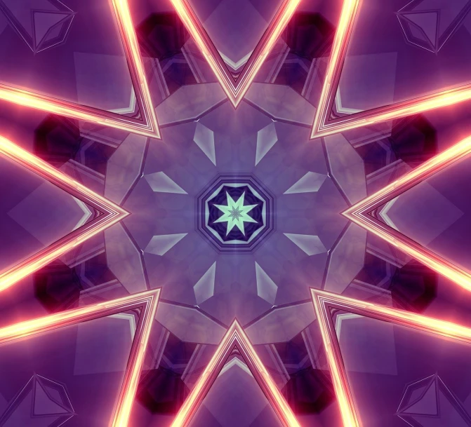 a close up of a star on a purple background, digital art, inspired by James Thomas Watts, symmetrical neon rim light, seen through a kaleidoscope, music video, lined with neon tube lights