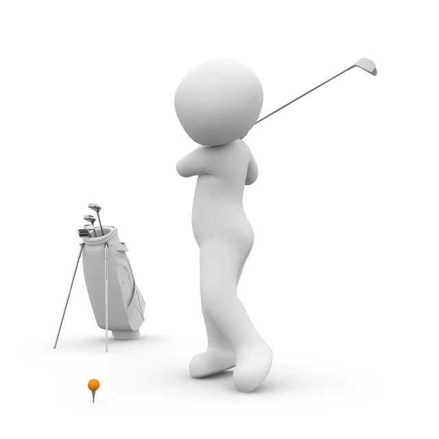 a person taking a swing at a golf ball, by Scott M. Fischer, pixabay contest winner, conceptual art, white bg, clay animation, poker, over-shoulder shot